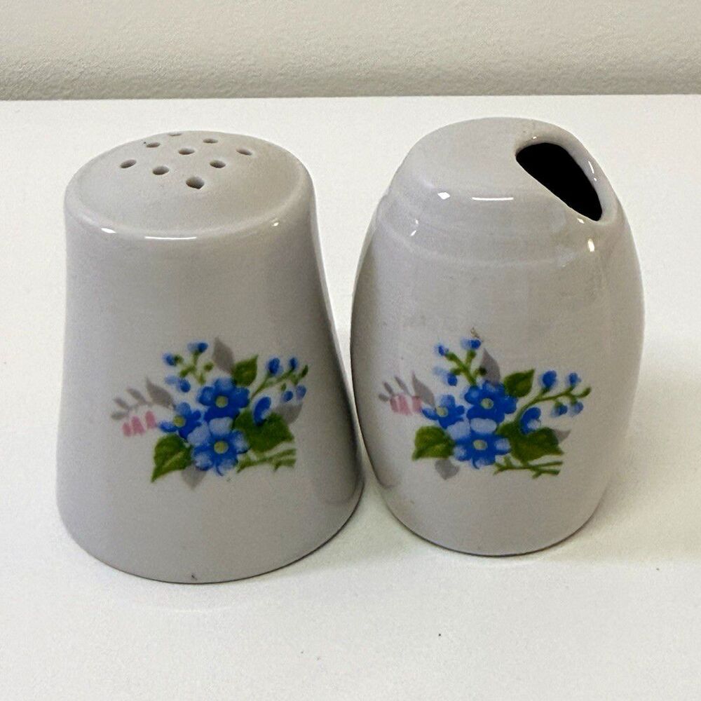 Vintage Blue Floral Ceramic Salt Pepper Shakers Set White Porcelain